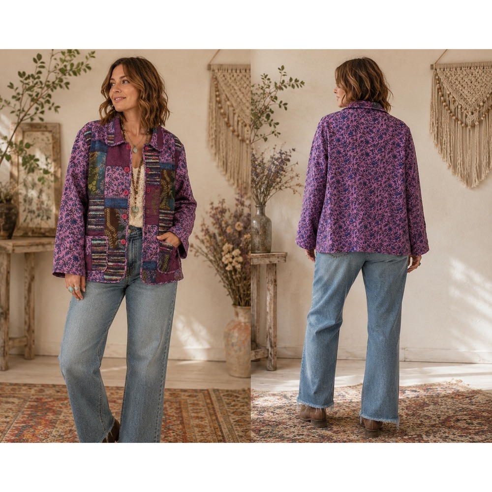 Boho Cottage Art Anii Natural Silk Patchwork Purple Emo Floral Paisley M Jacket